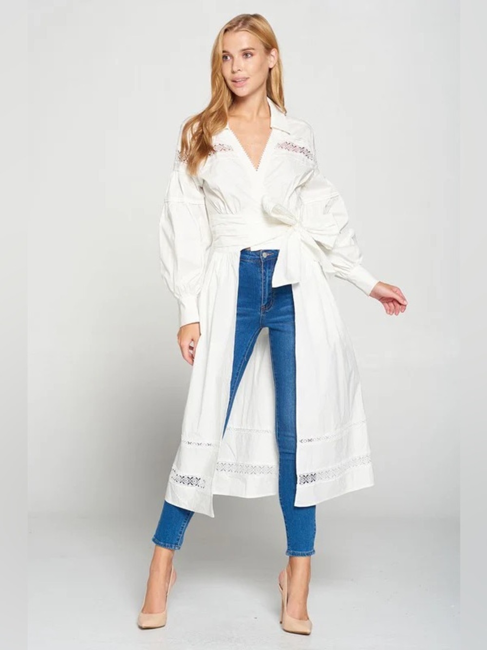 New York & Company Ivory Lace-Trim Balloon Sleeve Wrap Long Blouse Size Medium